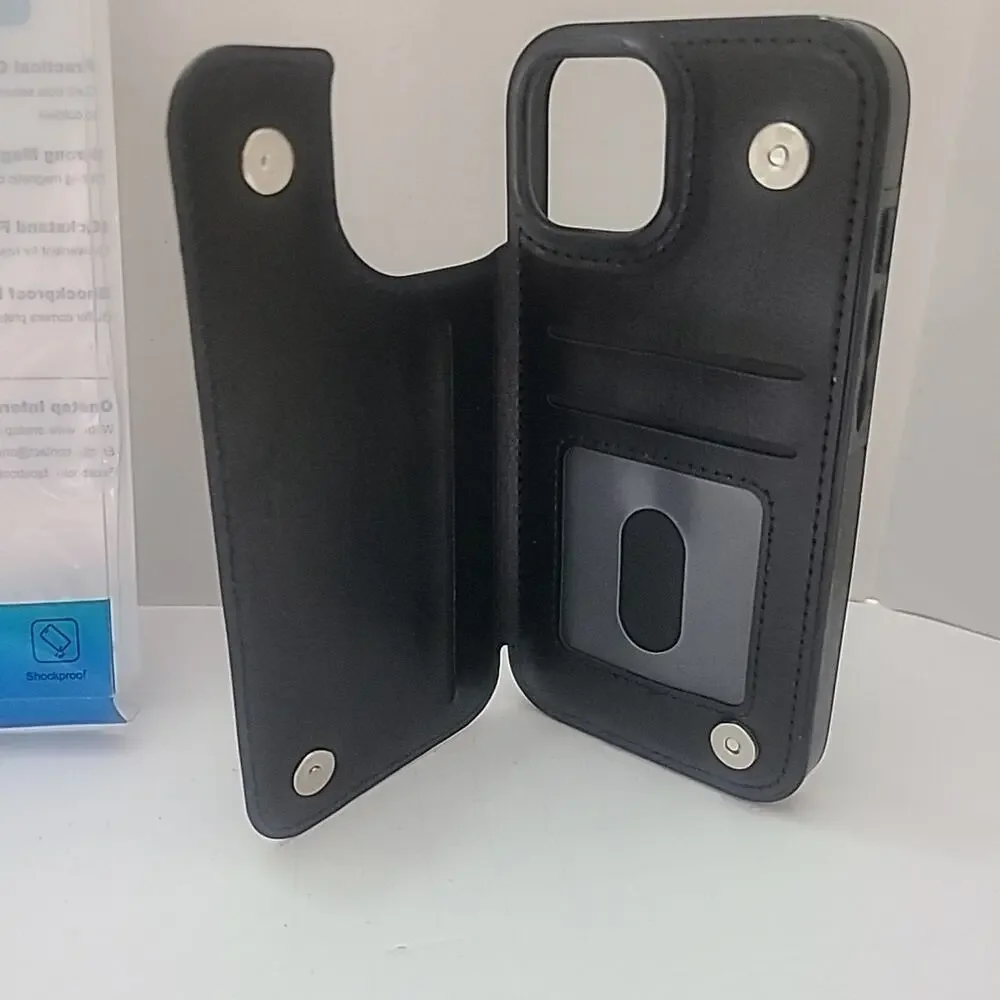 iPhone 15 Bundle Black Wallet Magnet Clasp Card Holder Stand + Screen Protectors